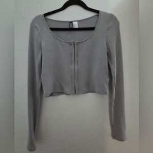 Ribbed Zip-Front Long Sleeve Crop Top - Gray